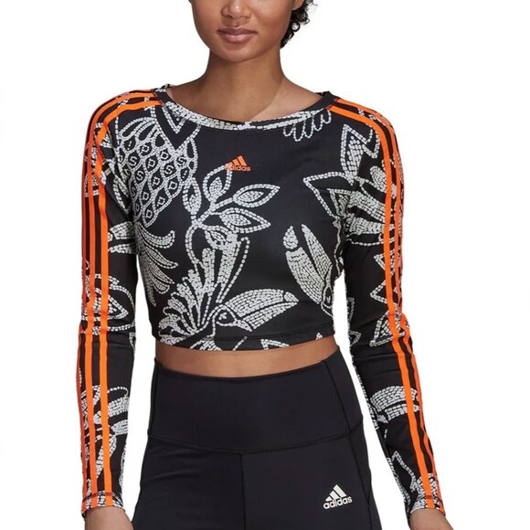 NWT Adidas X Farm Rio Crop Top Long Sleeve Aeroready Floral Black White S - Picture 3 of 14